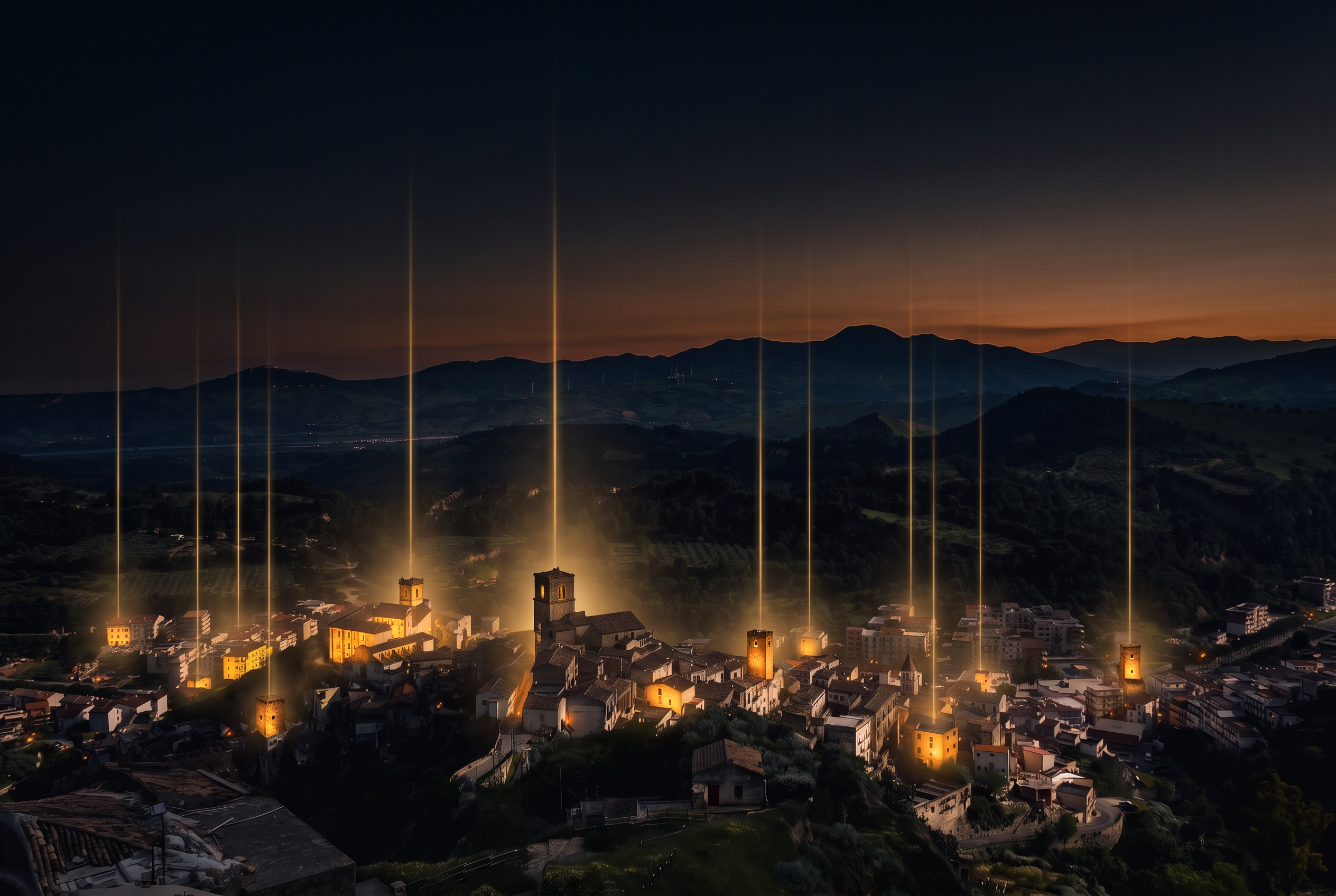 Tursi di notte, con edifici illuminati e fasci di luce dorata verso il cielo